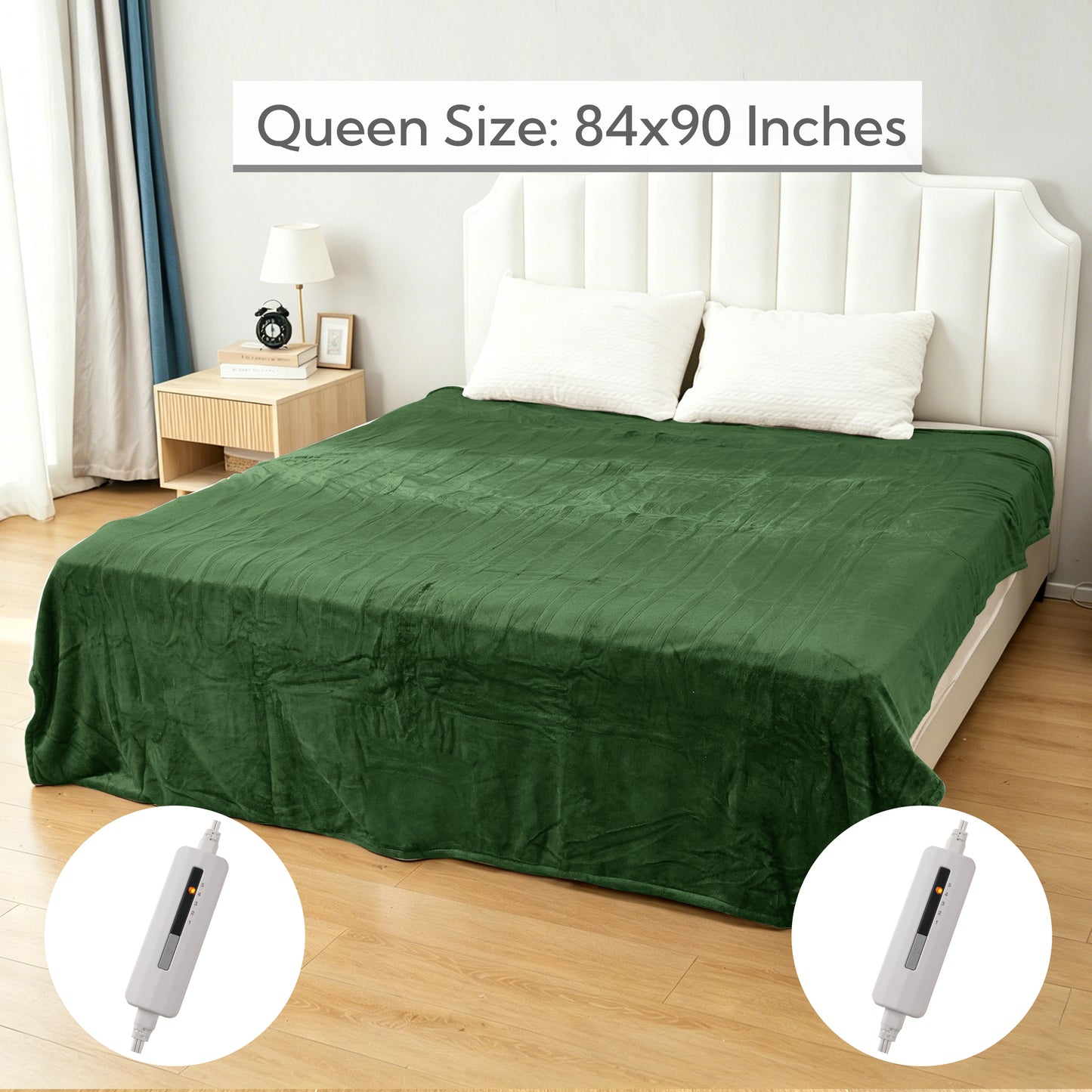 SUNNY HEAT Electric Heated Blanket Queen Size 84" x 90" Soft Flannel with 5 Levels Heating & 10Hs Auto off, Dual Controllers, Dual Zone Temperature Control, Light Grass Green