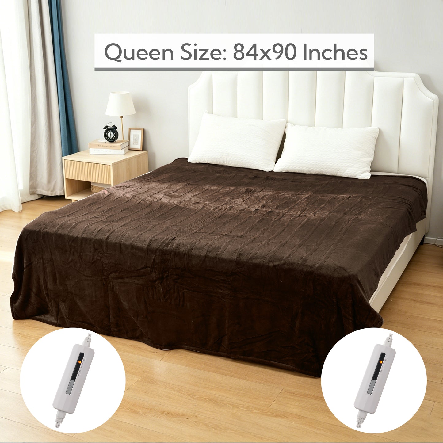 SUNNY HEAT Electric Heated Blanket Queen Size 84" x 90" Soft Flannel with 5 Levels Heating & 10Hs Auto off, Dual Controllers, Machine Washable, Cola Brown