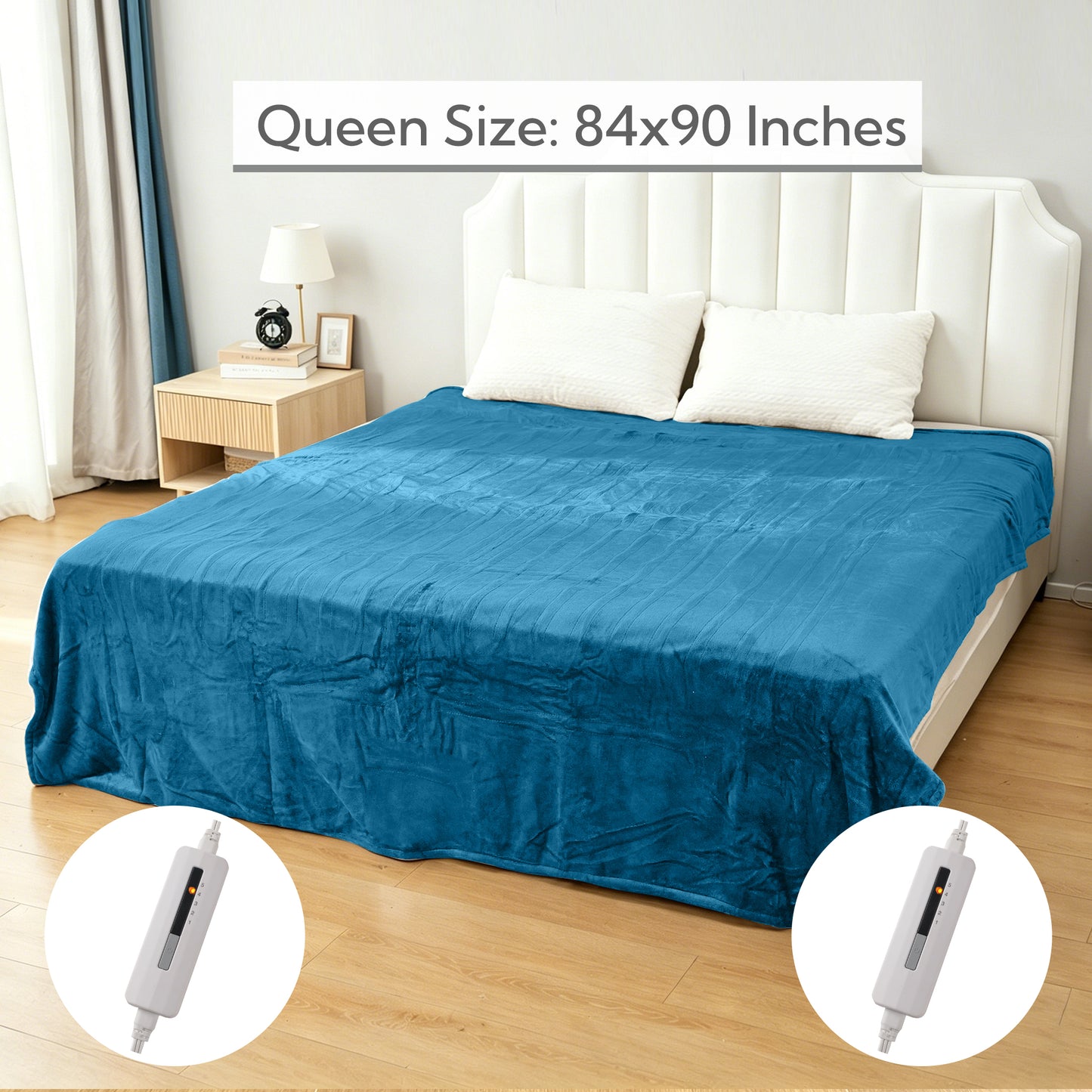 SUNNY HEAT Electric Heated Blanket Queen Size 84" x 90" Soft Flannel with 5 Levels Heating & 10Hs Auto off, Dual Controllers, Machine Washable, Teal