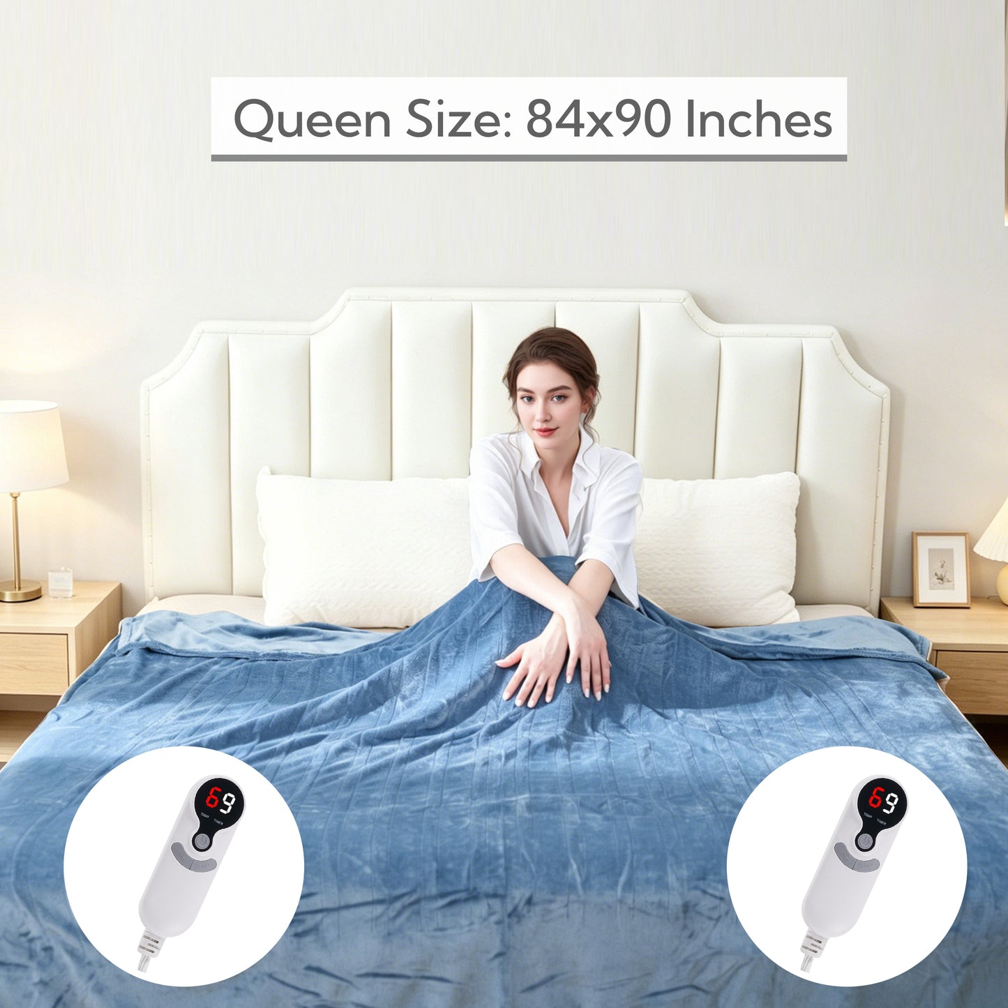 SUNNY HEAT Electric Heated Blanket Queen Size 84" x 90" Soft Flannel with 9 Levels Heating & 10Hs Auto off, Dual Controllers, Machine Washable, Blue Grey