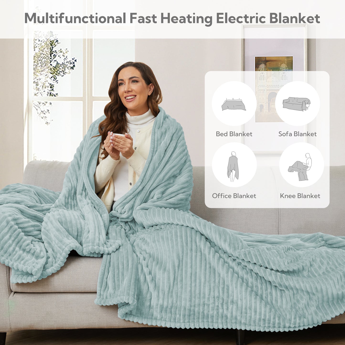 Heated Electric Blanket Ribbed Flannel 72"x84" Full Size - 10 Heating Settings & 12 Hours Auto off, Thick and Warm Washable - Mint Green