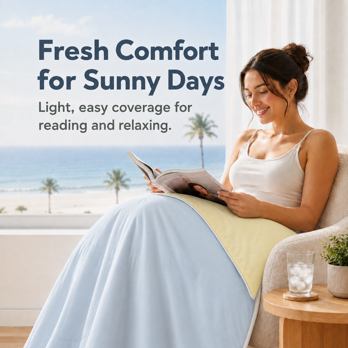 SUNNY HEAT Cooling Summer Comforter Throw Size 51"x67", Cooling Blanket for Hot Sleepers, Lightweight Breathable Double-Sided Quilt, Yellow & Iceblue