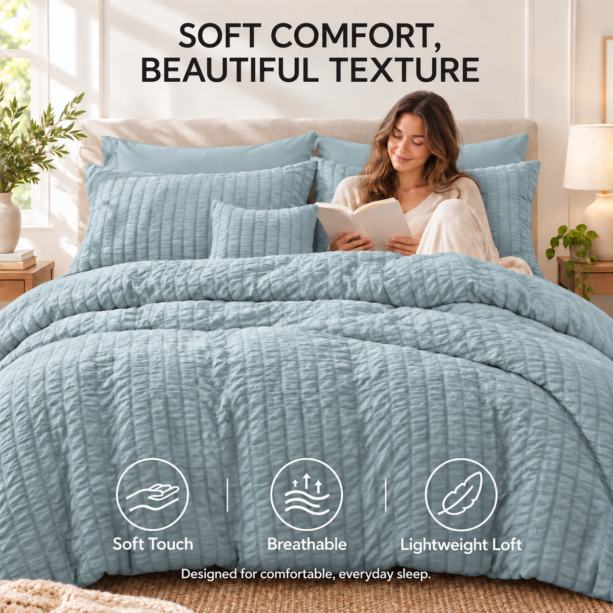 SUNNY HEAT Queen Size 8 Piece Seersucker Comforter Set, Soft Lightweight Bed in a Bag, Breathable All Season Bedding with Sheets, Pillowcases & Shams,Light Blue