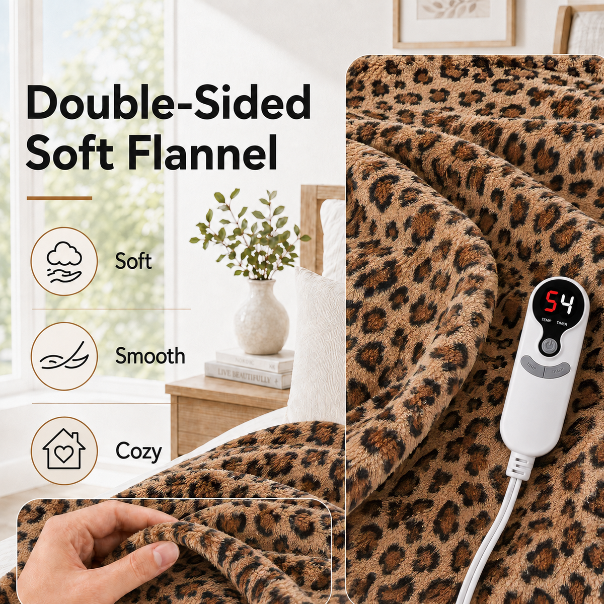 SUNNY HEAT Electric Blanket Heated Throw 50" x 60" -Fast Heating 9 Levels & 10H Auto off, Warm Soft Fannel Machine Washable, for Bed/Couch/Office, Classic Leopard Print