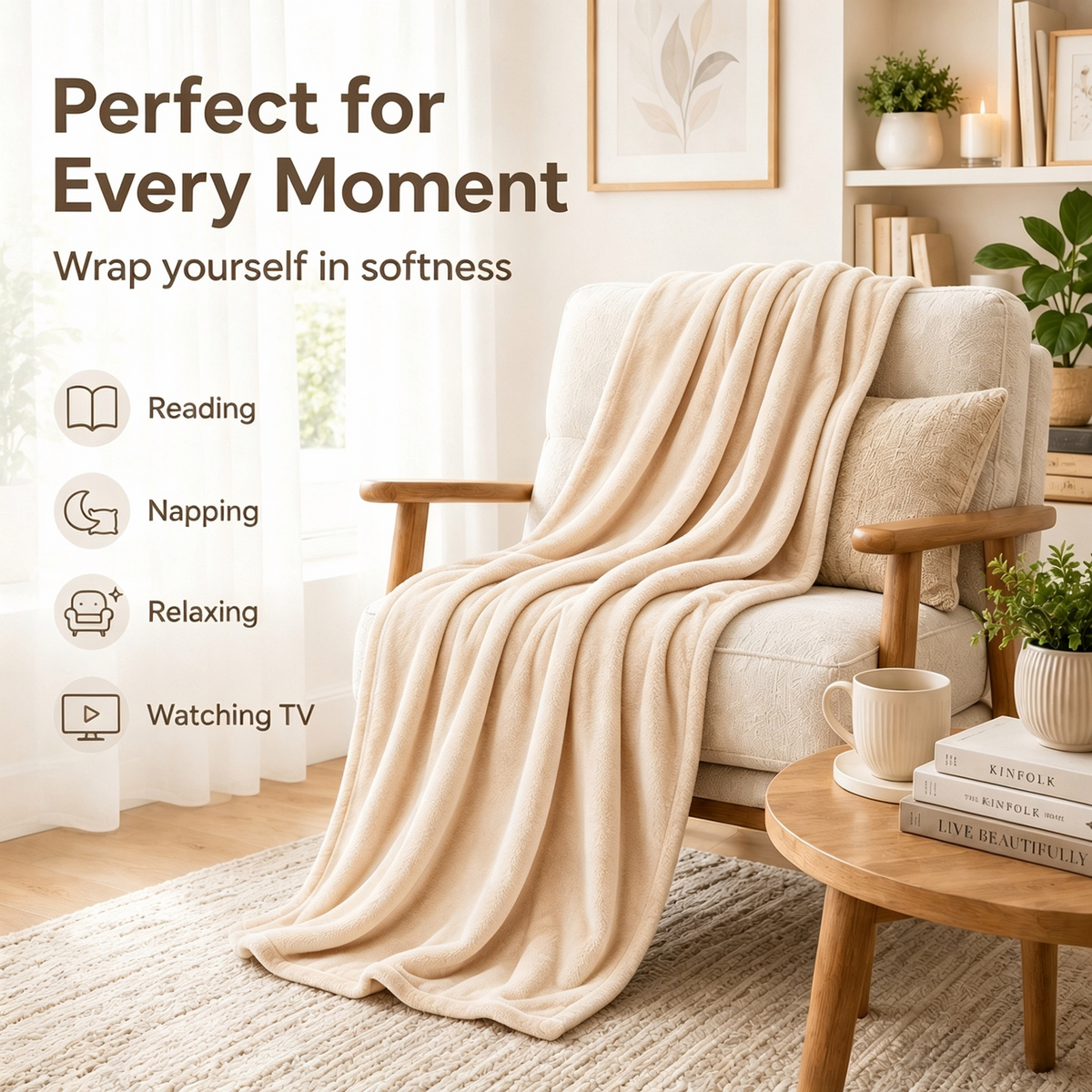 SUNNY HEAT Soft Flannel Blanket Super Warm & Comfortable Bed Blanket Queen Size, White