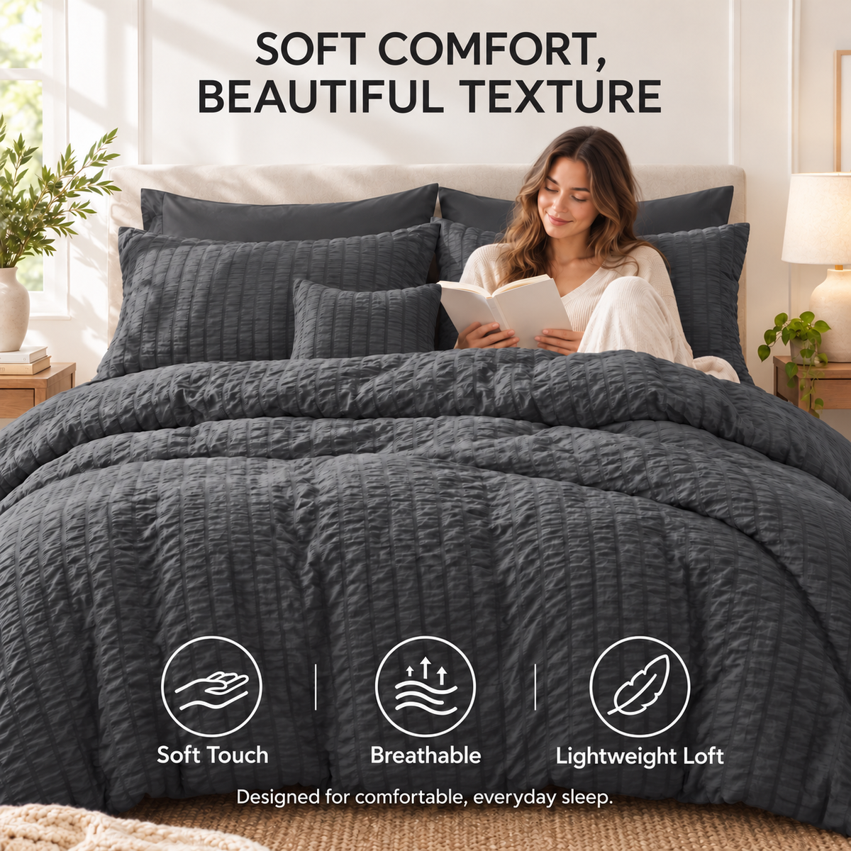 SUNNY HEAT Queen Size 8 Piece Seersucker Comforter Set, Soft Lightweight Bed in a Bag, Breathable All Season Bedding with Sheets, Pillowcases & Shams, Dark Grey