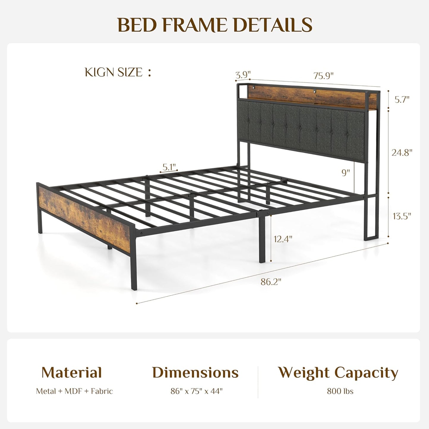 Bedframe with King Size Soft Headboard and Charging Stations, Heavy-duty Metal Platform,Easy to Assemble, Noise Free - Log Brown