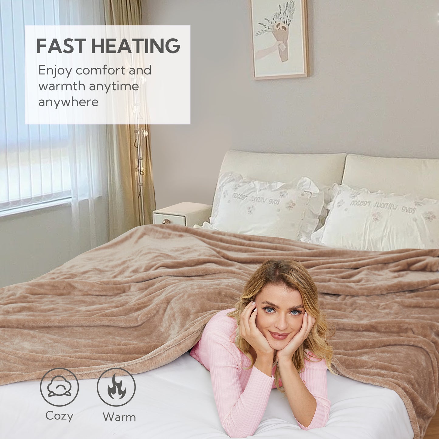 Electric Heated Blanket 72'' x 84'', Soft and Lightweight Plush Double-Sided Flannel Electric Blanket, Camel