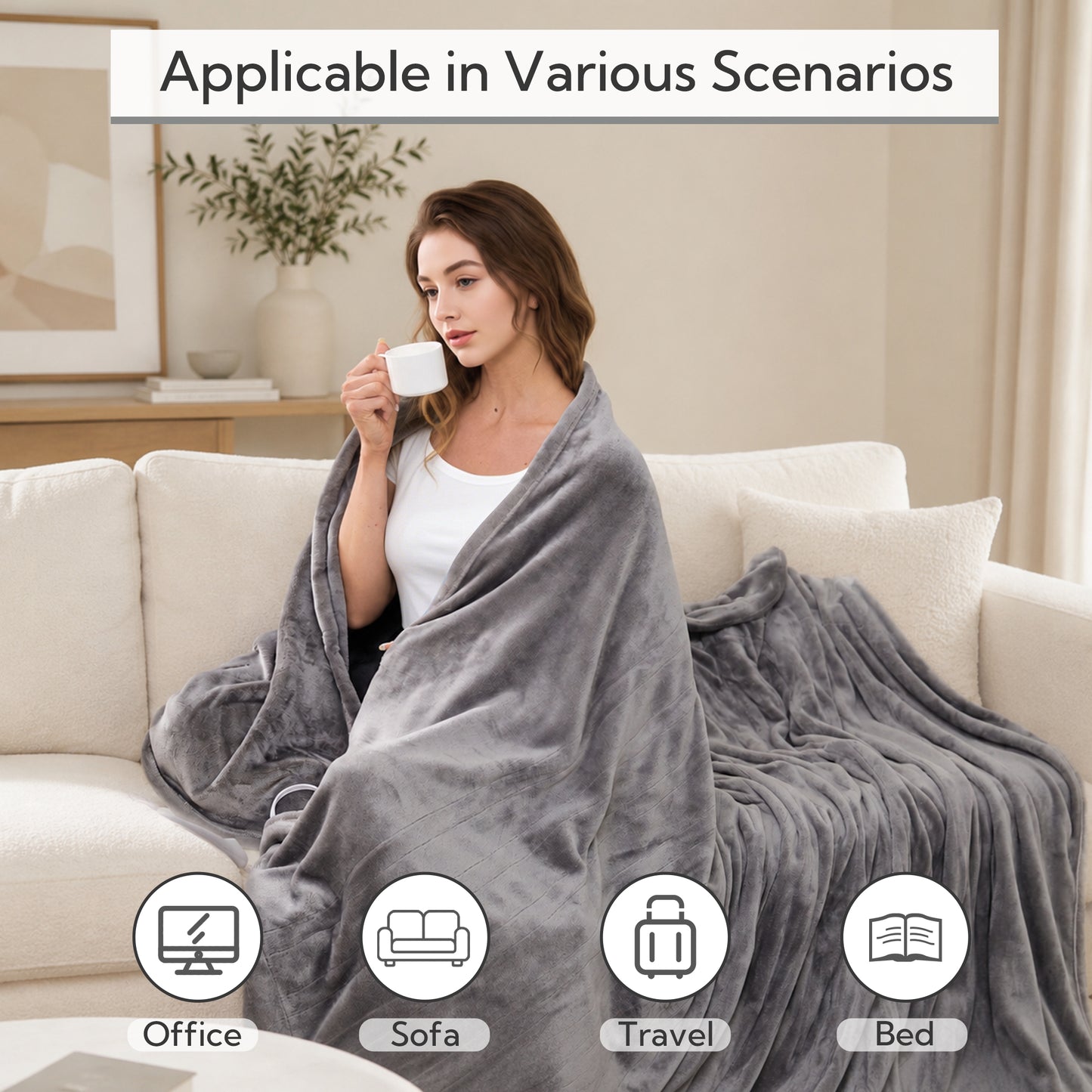 SUNNY HEAT Electric Heated Blanket Twin Size 62" x 84" Soft Flannel with 5 Levels Heating & 10Hs Auto off, Machine Washable, Light Gray