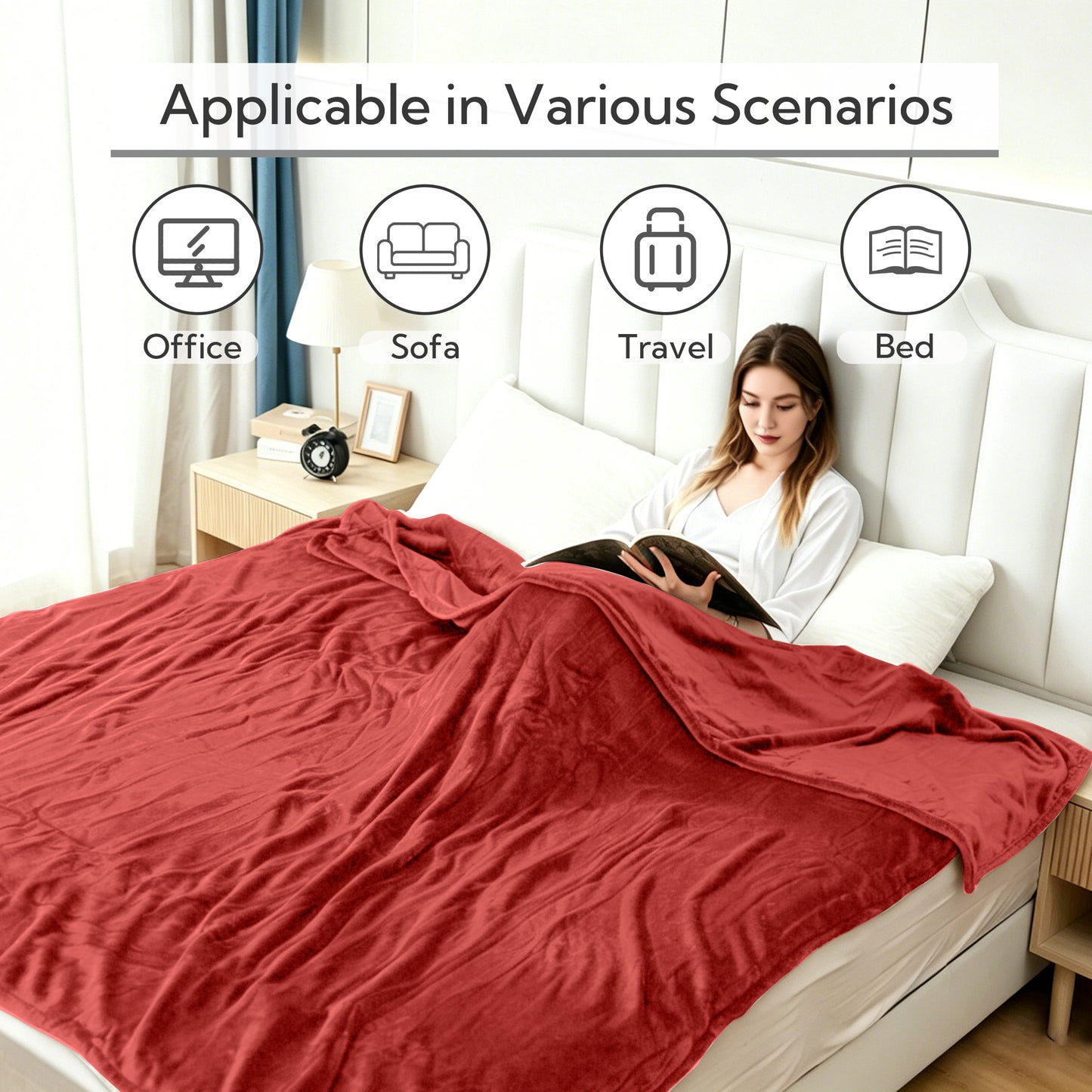 SUNNY HEAT Electric Heated Blanket Queen Size 84" x 90" Soft Flannel with 5 Levels Heating & 10Hs Auto off, Dual Controllers, Dual Zone Temperature Control, Brick Red