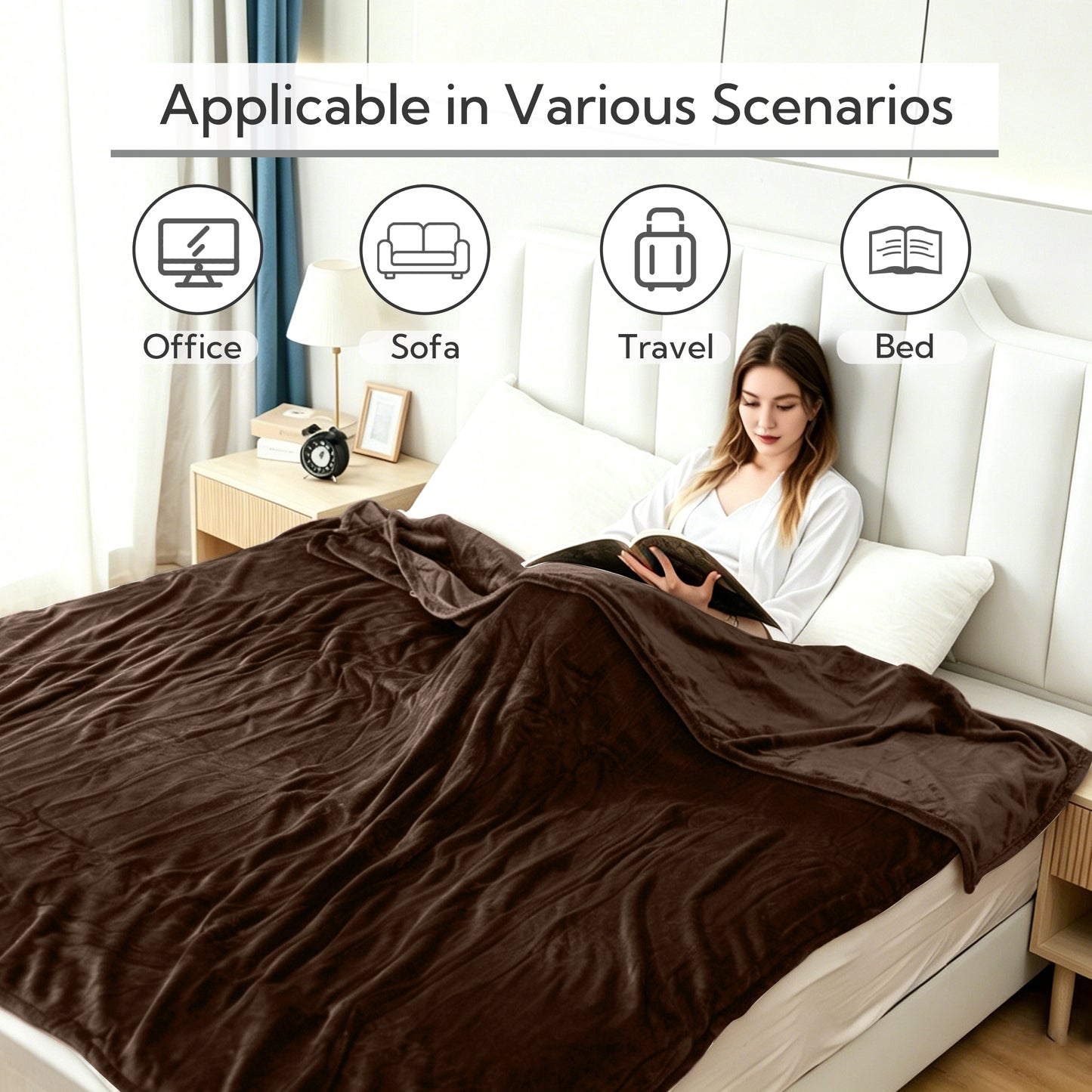 SUNNY HEAT Electric Heated Blanket Queen Size 84" x 90" Soft Flannel with 5 Levels Heating & 10Hs Auto off, Dual Controllers, Machine Washable, Cola Brown
