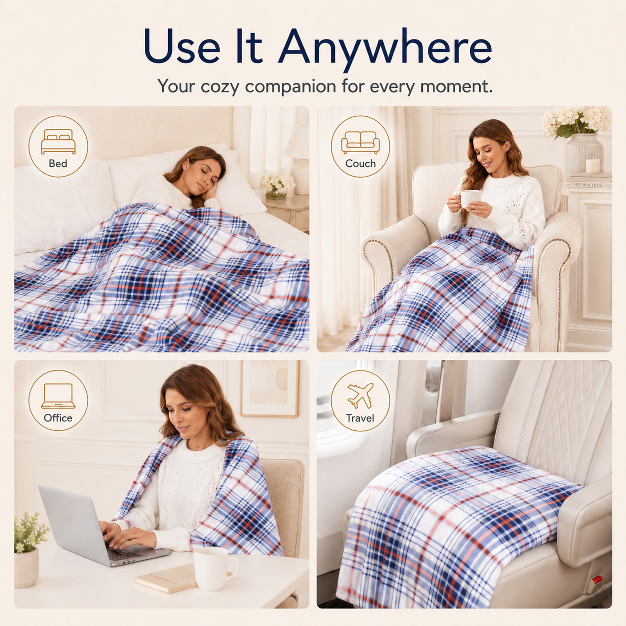 SUNNY HEAT Electric Heated Blanket 50" x 60" Throw Size-4 Heating Settings & 3 Hours Auto off, Microplush Machine Washable-Navy White Red