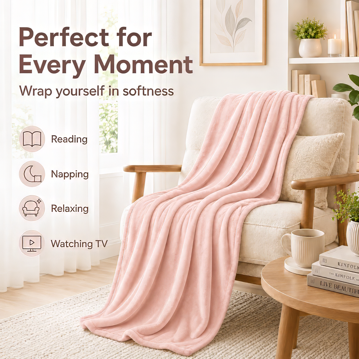 SUNNY HEAT Soft Flannel Blanket Summer Lightweight & Comfortable Bed Blanket Twin Size, Light Pink
