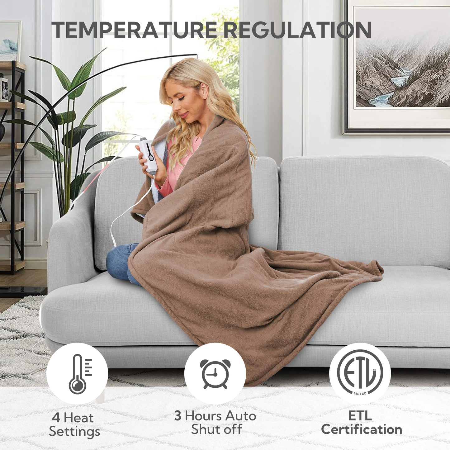 Electric Heated Blanket 50'' x 60'', Soft and Comfortable Sherpa Electric Blanket, Linen