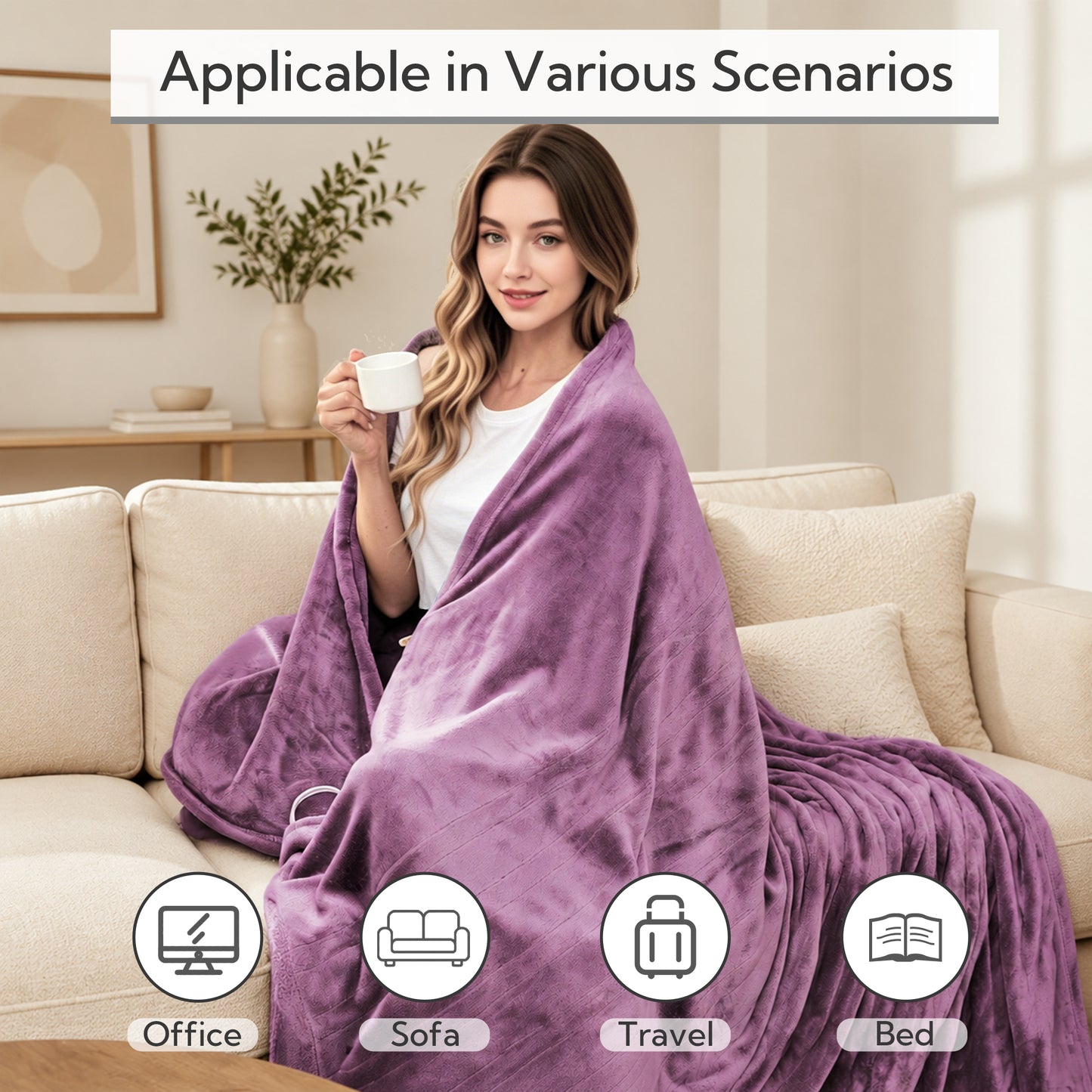 SUNNY HEAT Electric Heated Blanket Full Size 72" x 84" Soft Flannel with 5 Levels Heating & 10Hs Auto off, Machine Washable, Mauve