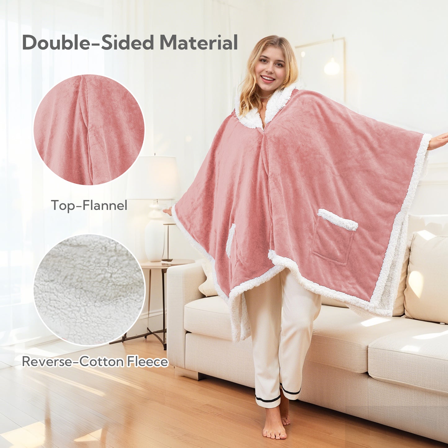 SUNNY HEAT Wearable Electric Heated Blanket 56"x63" , Soft Flanne & Cotton Fleecel,Warm and Cozy, Bed, Sofa,Travel Use,Light pink