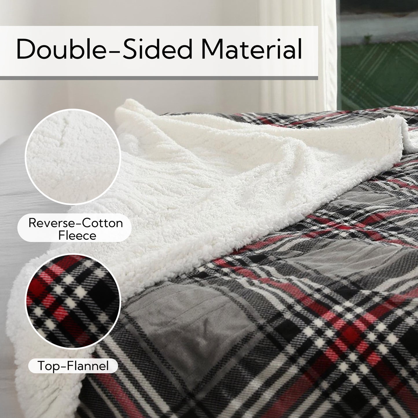 SUNNY HEAT Electric Heated Blanket 72"x84" Full Size, 10 Heating Levels & 12 H Auto Shut Off, Cotton & Microplush Plaid, Gray & Red
