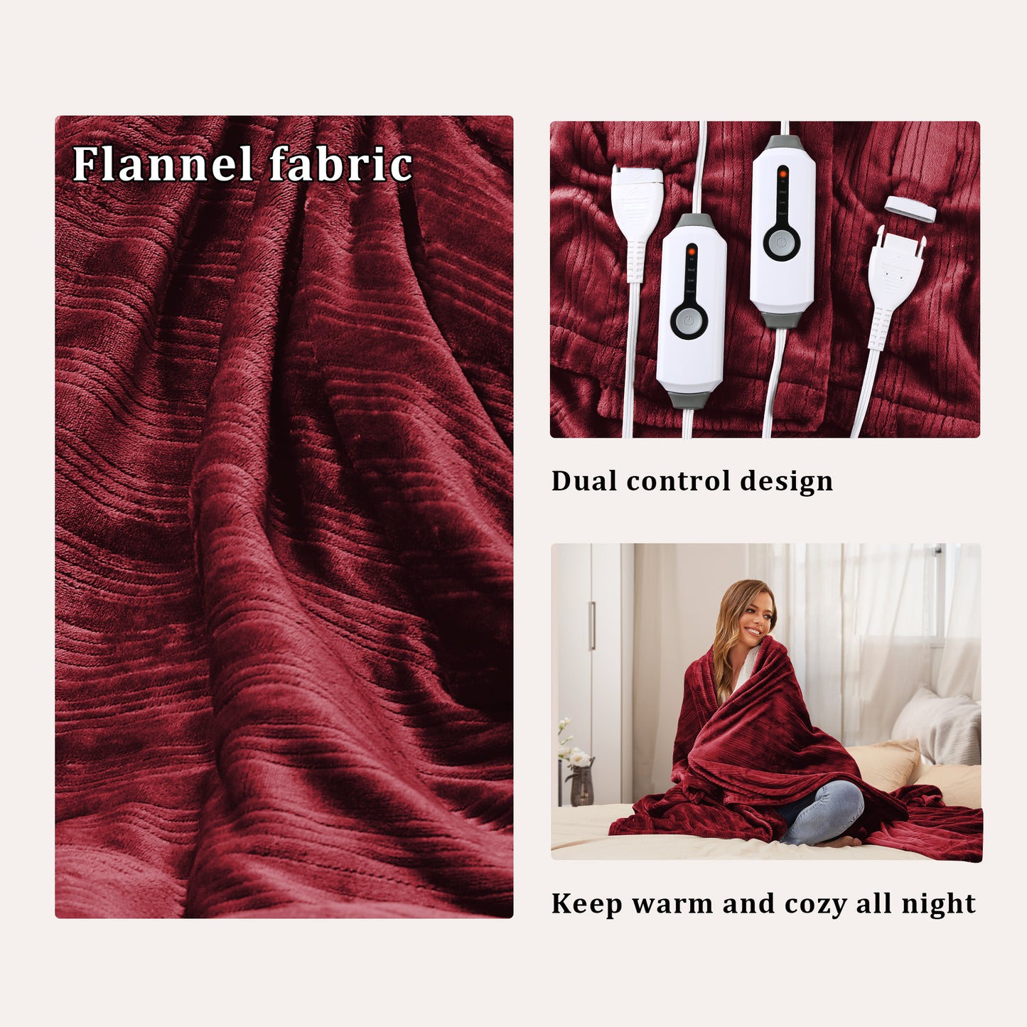 Electric Heated Blanket 84'' x 90'' Queen Size Flannel Machine Washable, Warm and Cozy all Night, Dual Control-Dark Red