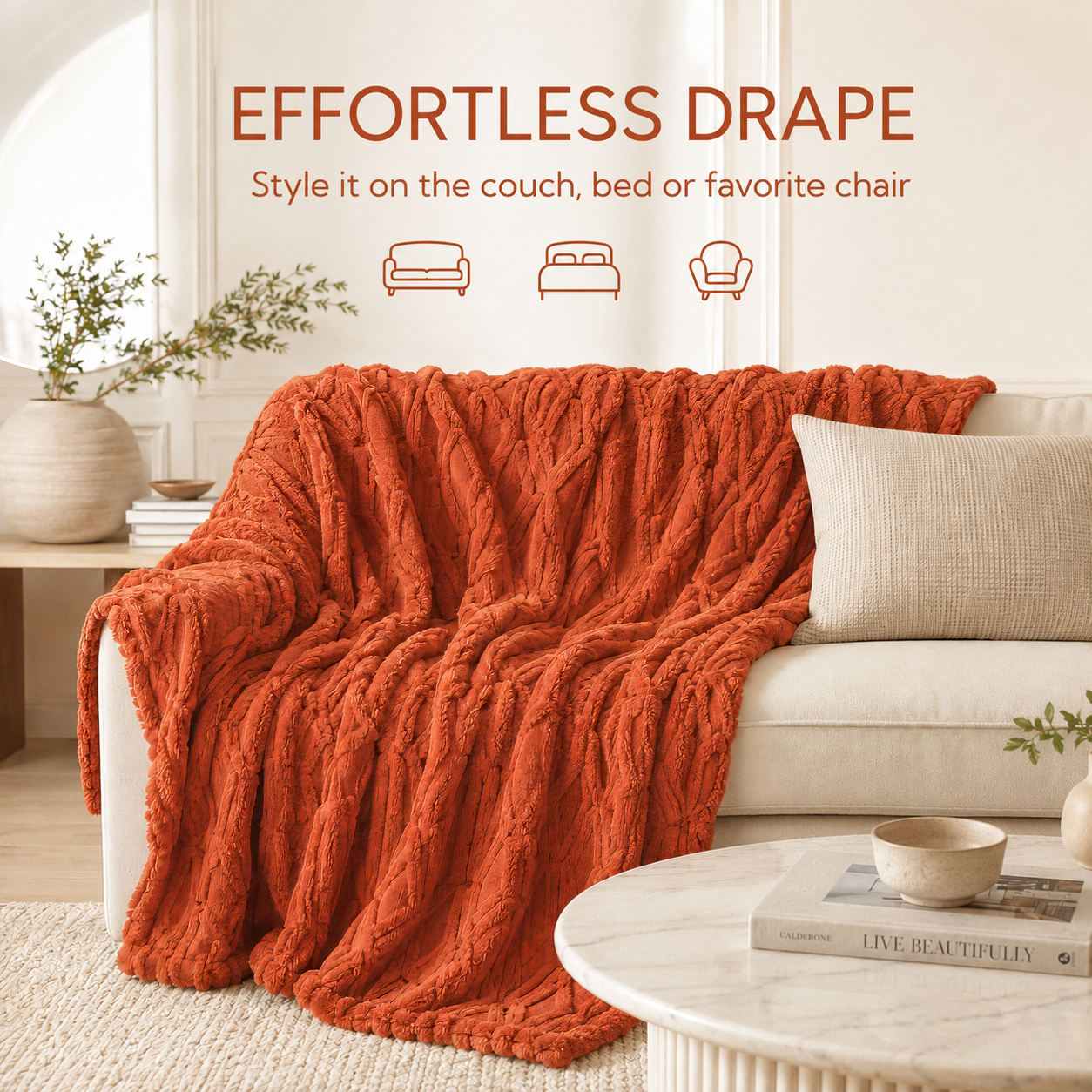 SUNNY HEAT Bed Blanket 78×90 Inches, Breathable and Cozy Microplush for Bed Sofa Couch, Suitable for All Seasons, Orange