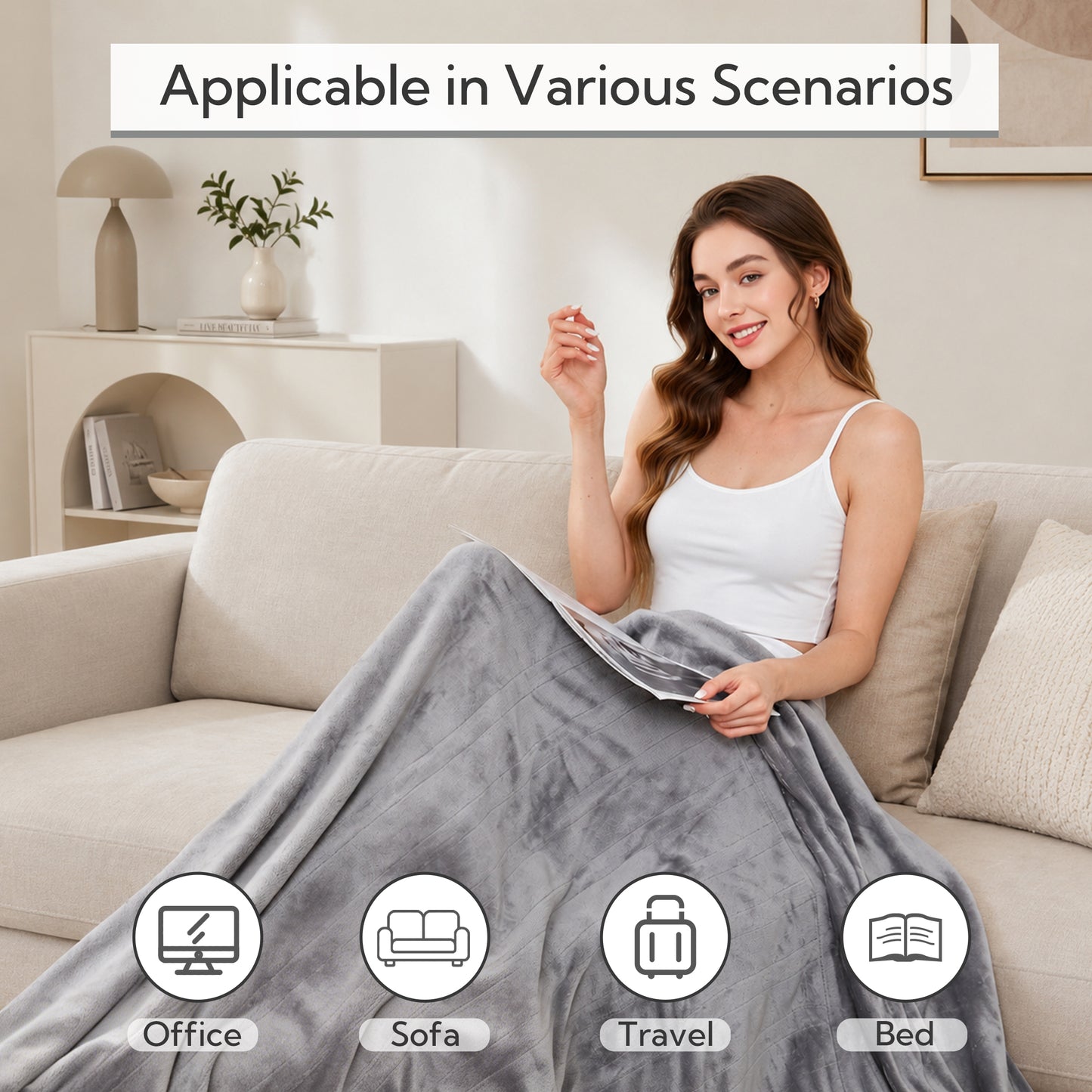 SUNNY HEAT Electric Heated Throw 50" x 60" Soft Flannel with Encrypted Heating Ducts, 4 Levels Heating & 3Hs Auto off, Machine Washable, Gray