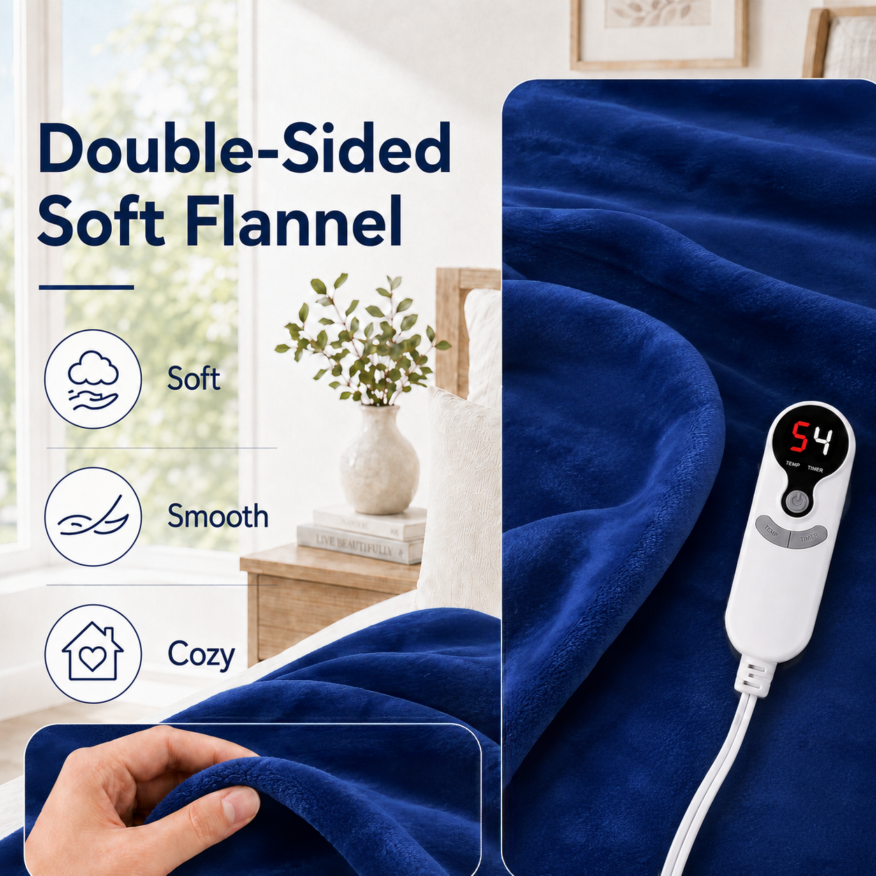 SUNNY HEAT Electric Blanket Heated Twin 62" x 84" -Fast Heating 9 Levels & 10H Auto off, Warm Soft Fannel Machine Washable, for Bed/Couch/Office, Navy Blue
