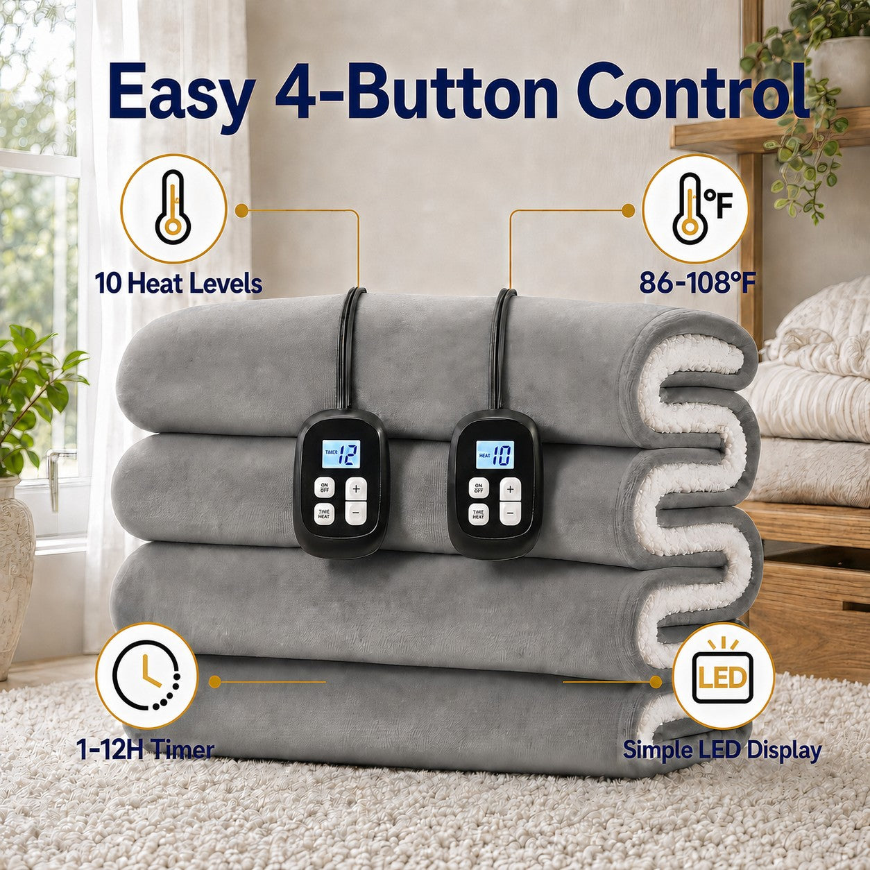 SUNNY HEAT Flannel Heated Blanket King 90"×100", 10 Heat Settings, 1-12 Hour Auto Off, Washable, Light Gray
