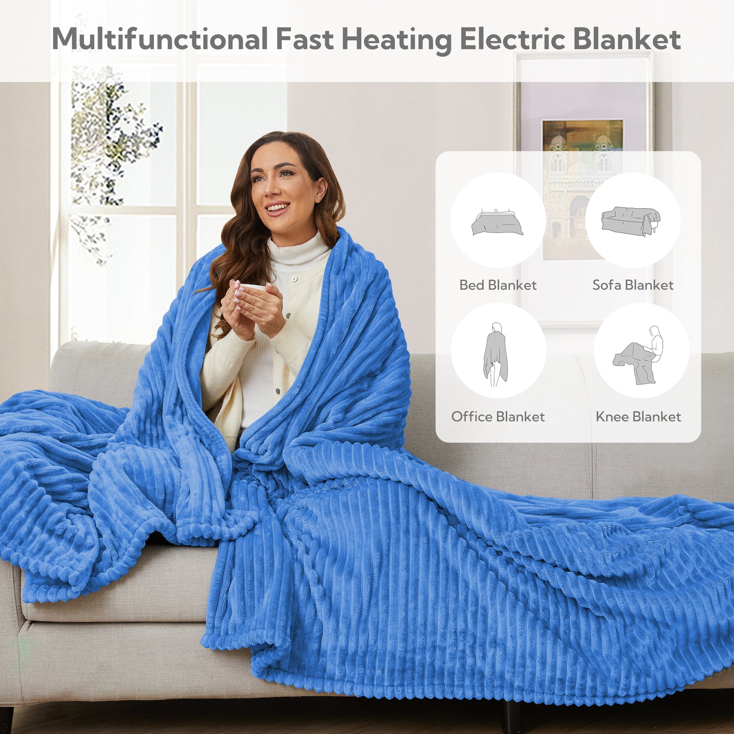 Heated Electric Blanket Ribbed Flannel 72"x84" Full Size - 10 Heating Settings & 12 Hours Auto off, Thick and Warm Washable - Blue