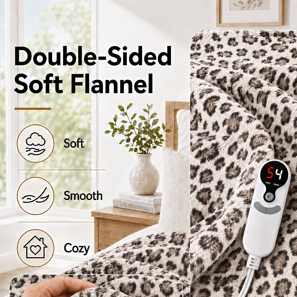 SUNNY HEAT Electric Blanket Heated Throw 50" x 60" -Fast Heating 9 Levels & 10H Auto off, Warm Soft Fannel Machine Washable, for Bed/Couch/Office, Beige Leopard Print