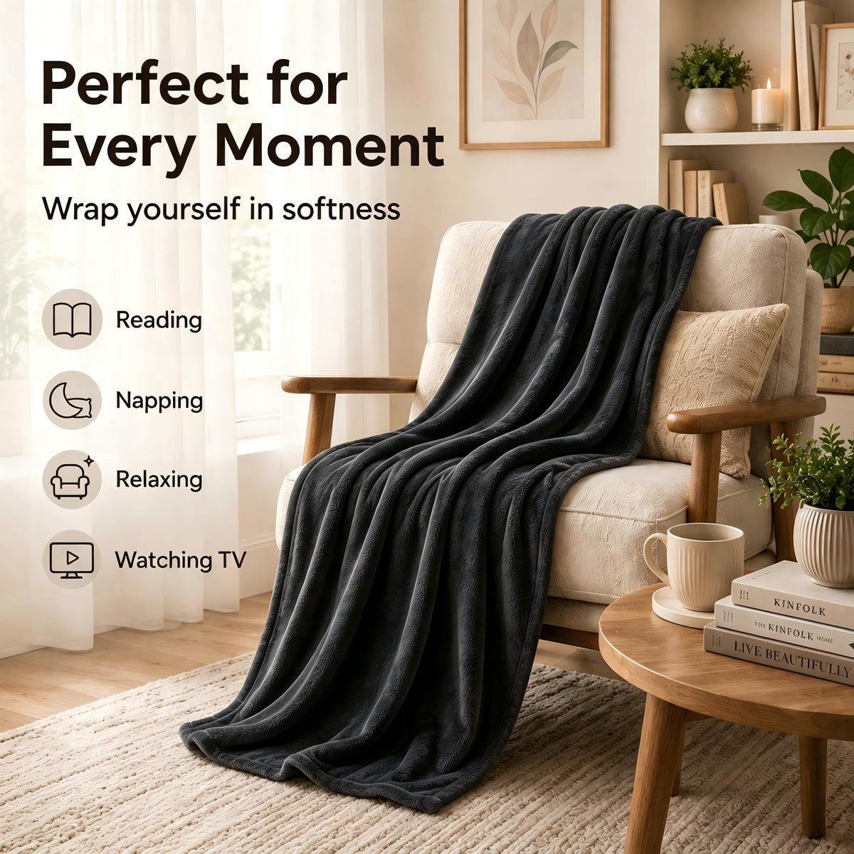 SUNNY HEAT Soft Flannel Blanket Super Warm & Comfortable Bed Blanket Queen Size, Dark Grey