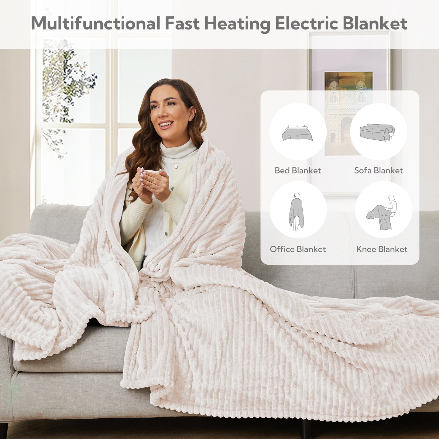 Heated Electric Blanket Ribbed Flannel 72"x84" Full Size - 10 Heating Settings & 12 Hours Auto off, Thick and Warm Washable - White