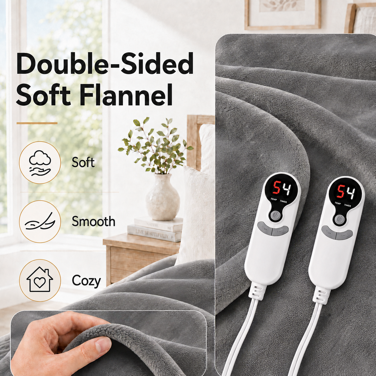SUNNY HEAT Electric Blanket Heated Queen 84" x 90" -Fast Heating 9 Levels & 10H Auto off, Warm Soft Fannel Machine Washable, for Bed/Couch/Office, Light Grey