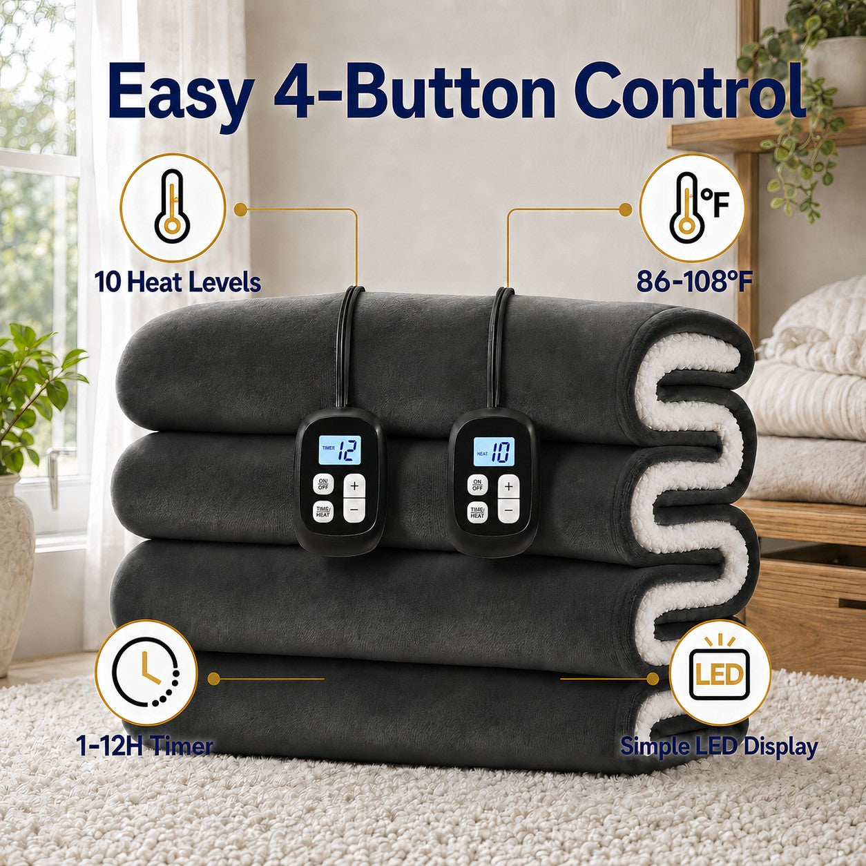 SUNNY HEAT Flannel Heated Blanket King 90"×100", 4 Heat Settings, 10H Auto Off, Washable, Dark Grey