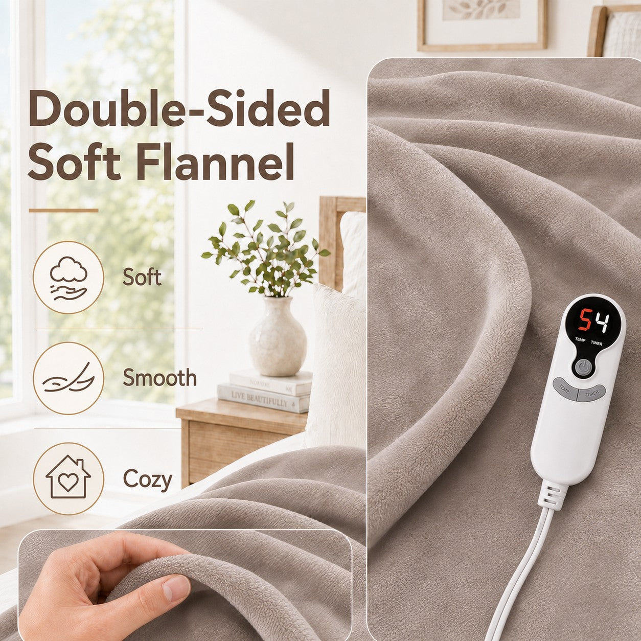 SUNNY HEAT Electric Blanket Heated Throw 50" x 60" -Fast Heating 9 Levels & 10H Auto off, Warm Soft Fannel Machine Washable, for Bed/Couch/Office, Milk Tea Brown