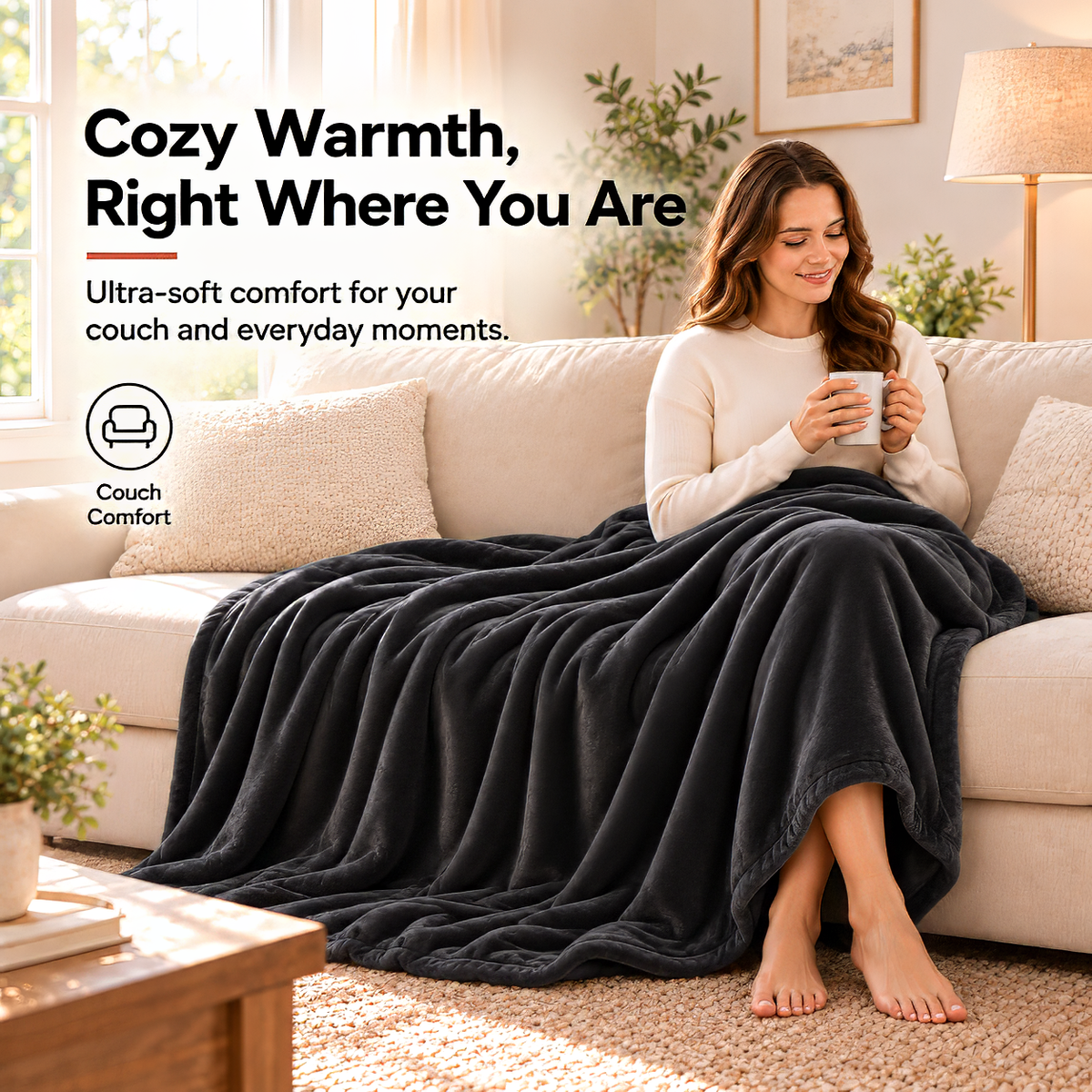 SUNNY HEAT Electric Heated Blanket Flannel 72" x 84" Full Size-4 Heating Settings & 10 Hours Auto off, Warm Machine Washable- Dark Grey