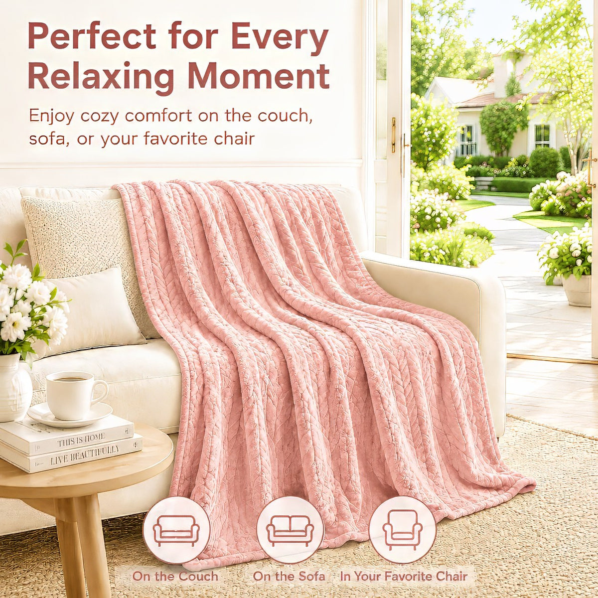 SUNNY HEAT Bed Blanket 78×90 Inches, Breathable and Cozy Microplush for Bed Sofa Couch, Suitable for All Seasons, Pink