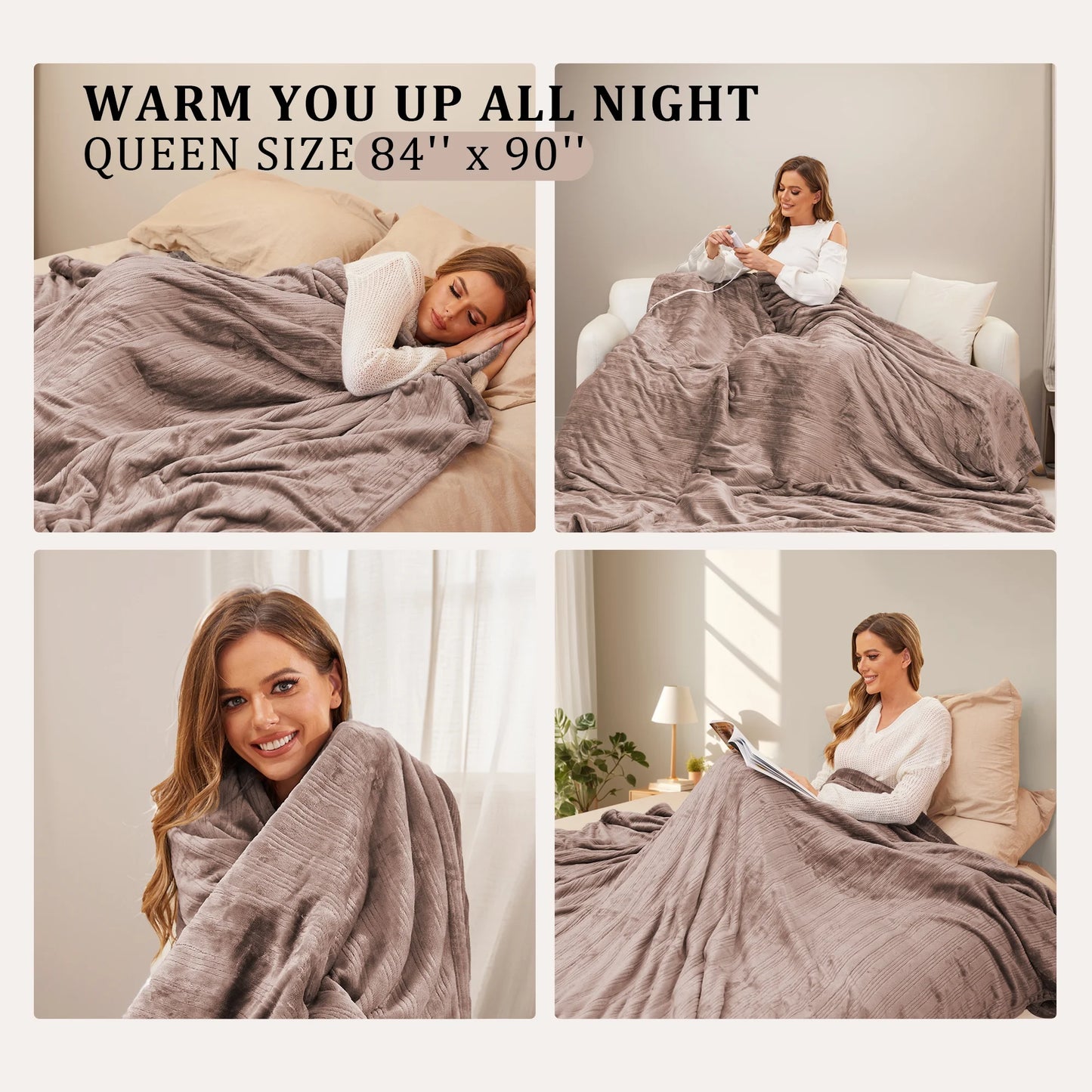 Electric Heated Blanket 84'' x 90'' Queen Size Flannel Machine Washable, Warm and Cozy all Night, Dual Control-Linen