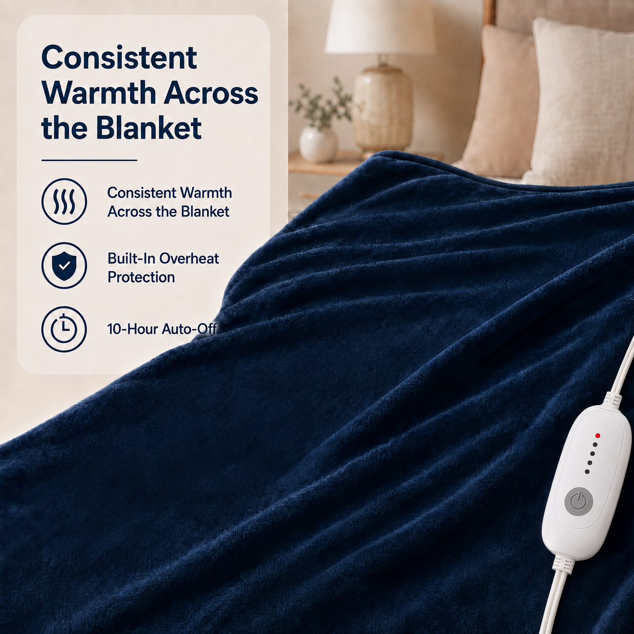 SUNNY HEAT Electric Blanket Heated Full 72" x 84" -Fast Heating 4 Levels & 10H Auto off, Warm Soft Fannel Machine Washable, for Bed/Couch/Office, Dark Blue