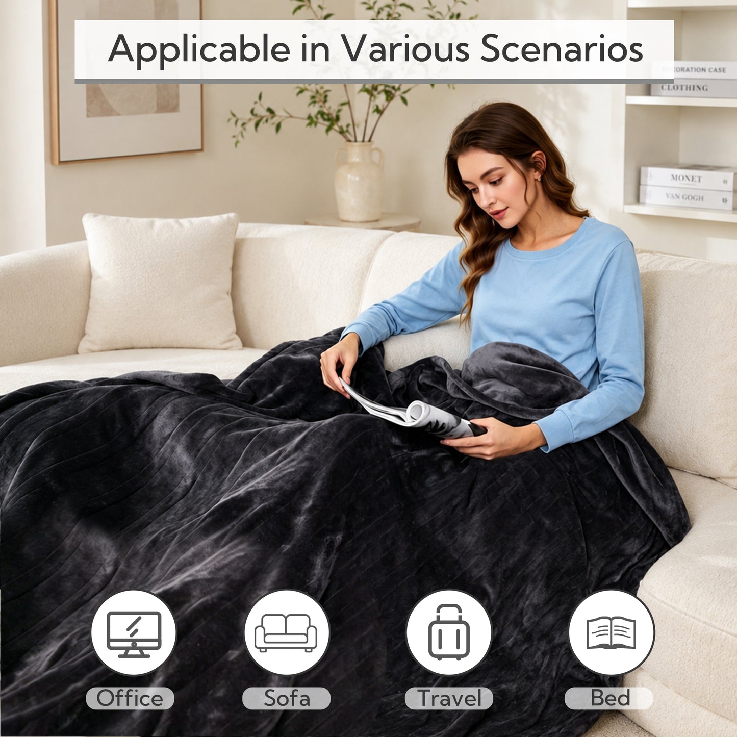 SUNNY HEAT Electric Heated Throw 50" x 60" Soft Flannel , 5 Levels Heating & 3Hs Auto off, Machine Washable, Dark Gray