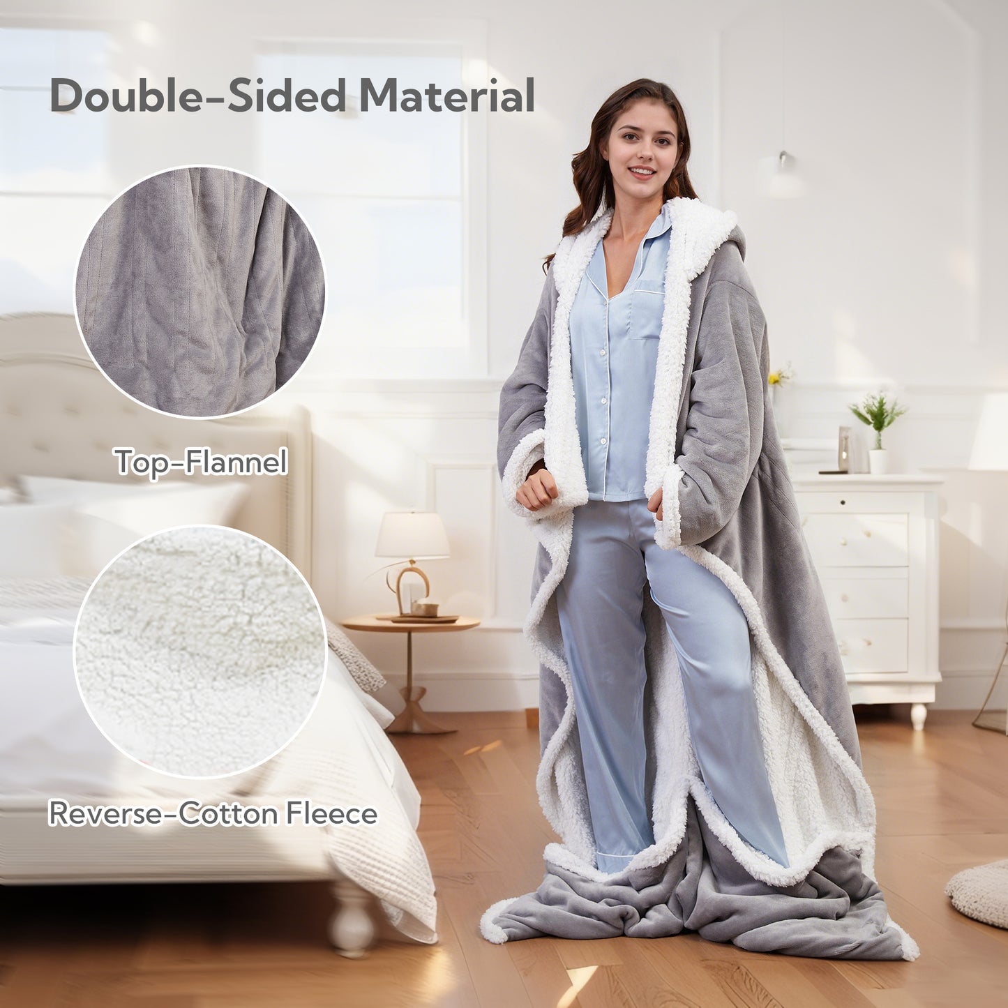SUNNY HEAT Wearable Electric Heated Blanket 50"x70" , Soft Flanne & Cotton Fleecel,Warm and Cozy, Bed, Sofa,Travel Use,light grey