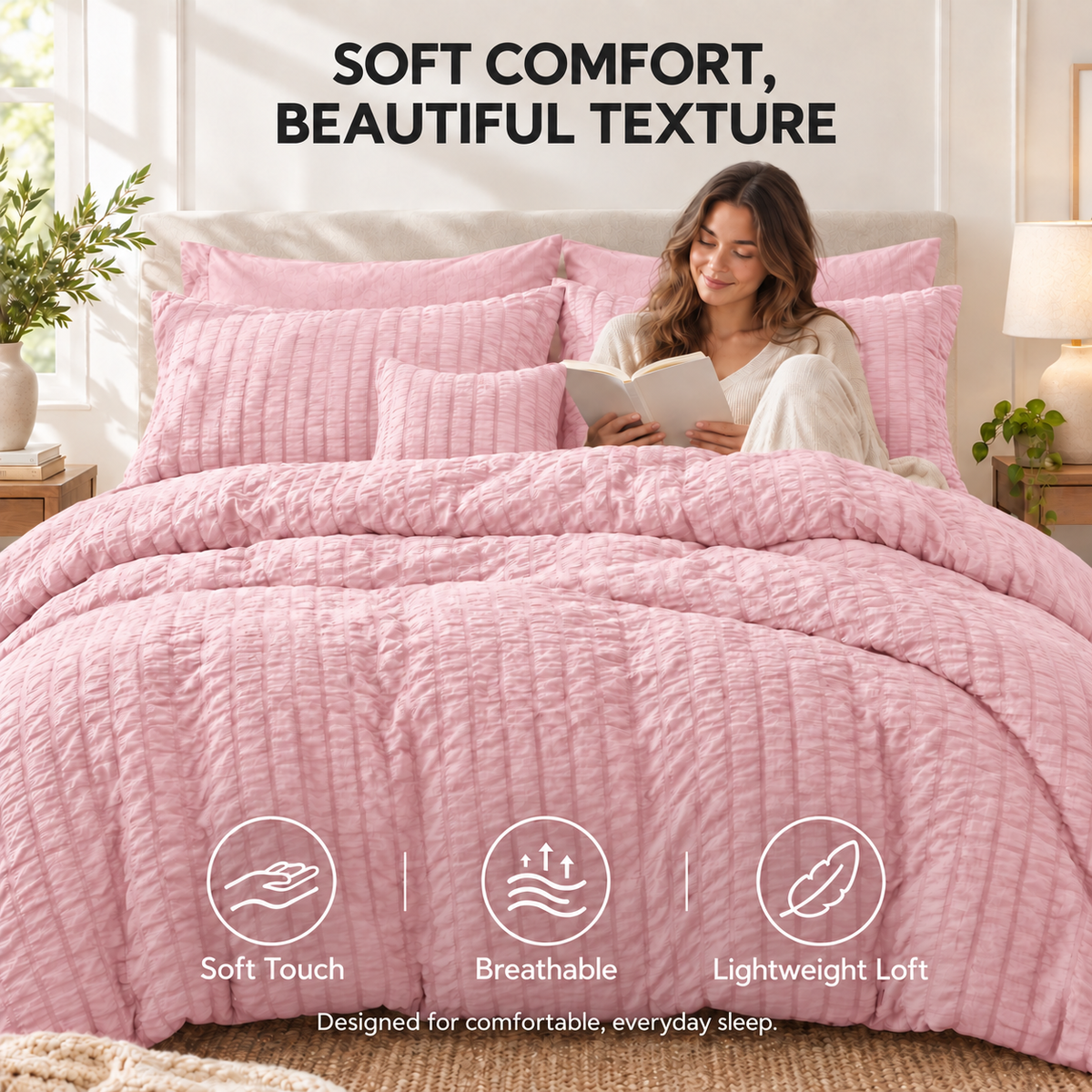SUNNY HEAT Queen Size 8 Piece Seersucker Comforter Set, Soft Lightweight Bed in a Bag, Breathable All Season Bedding with Sheets, Pillowcases & Shams, Pink