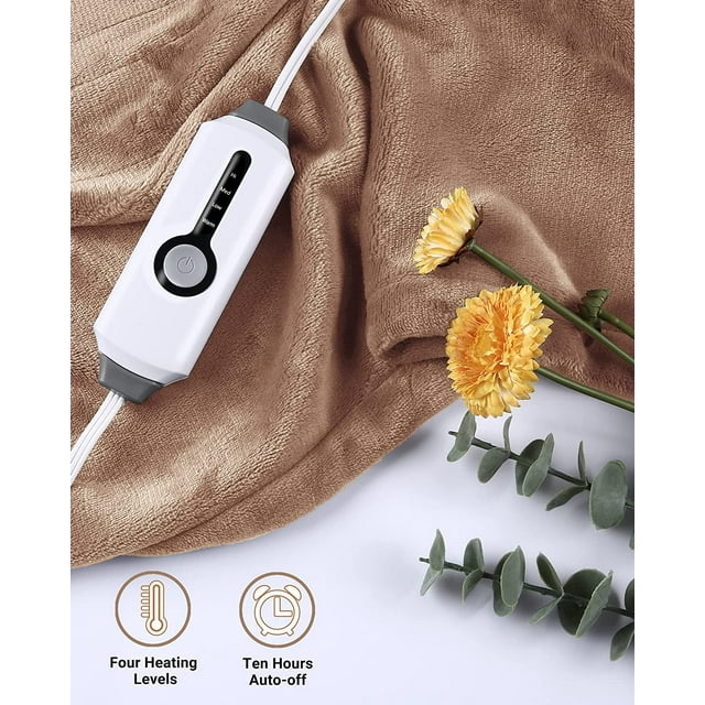 SUNNY HEAT Electric Heated Blanket Flannel 62" x 84" Twin Size-4 Heating Settings & 10 Hours Auto Off ETL Certification, Soft Machine Washable-Light Brown