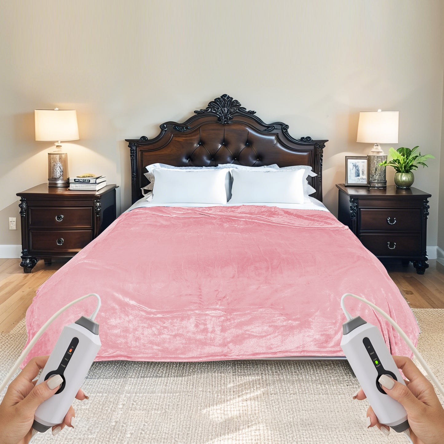 SUNNY HEAT Electric Heated Blanket Flannel King Size 90" x 100" Dual Control, 4 Heating Settings & 10 Hours Auto Off, Pink