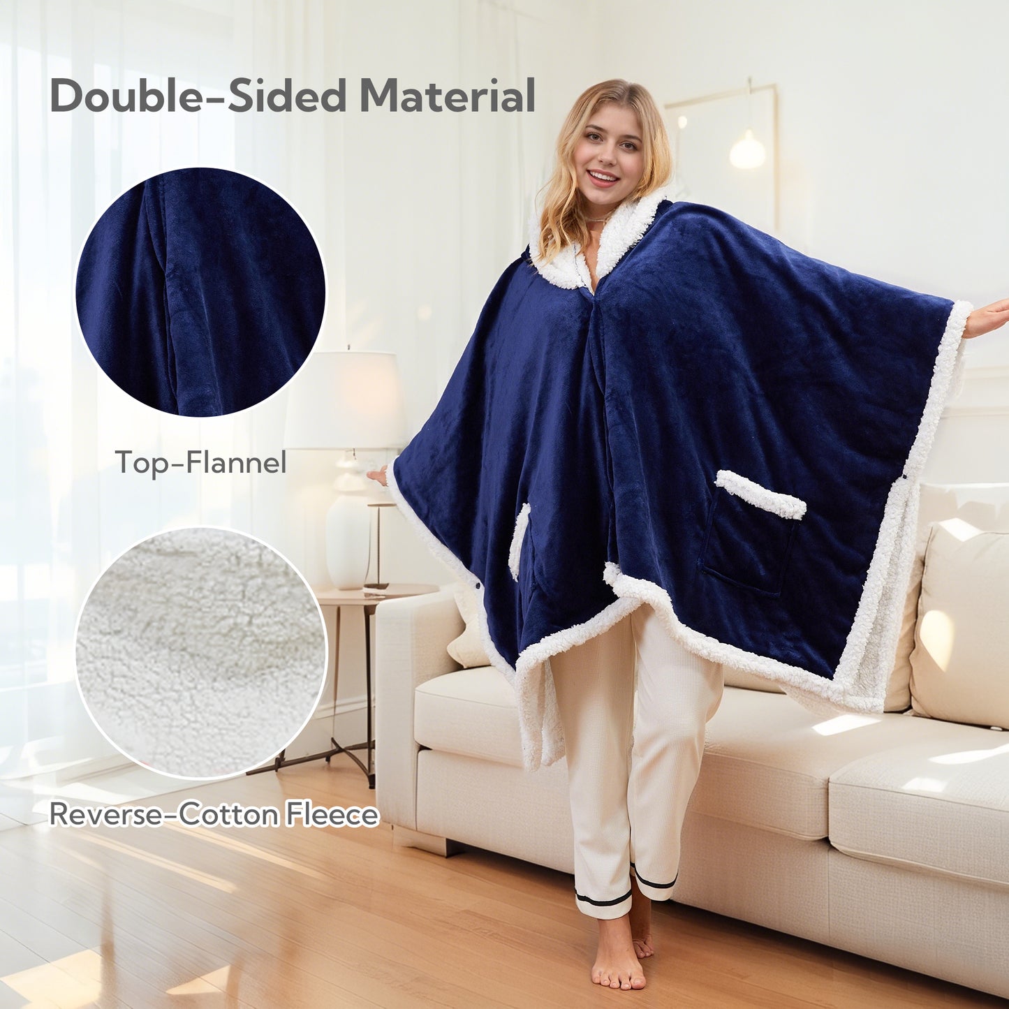 SUNNY HEAT Wearable Electric Heated Blanket 56"x63" , Soft Flanne & Cotton Fleecel,Warm and Cozy, Bed, Sofa,Travel Use,Navy blue