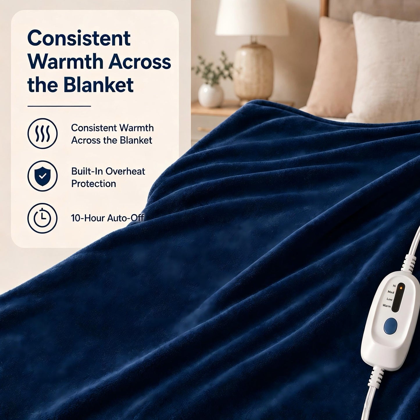 SUNNY HEAT Electric Blanket Heated Twin 62" x 84" -Fast Heating 4 Levels & 10H Auto off, Warm Soft Fannel Machine Washable, for Bed/Couch/Office, Dark Blue