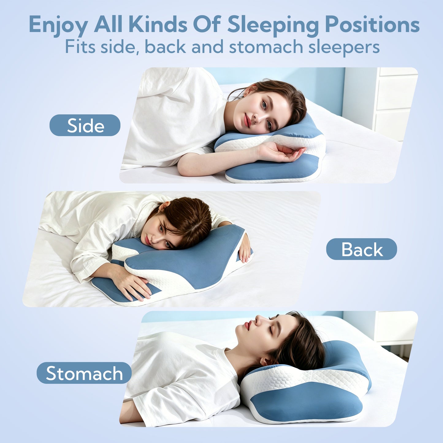 SUNNY HEAT Cervical Pillow for Neck Pain Relief, Orthopedic Memory Foam, Ergonomic Support for All Sleepers, Cooling & Washable Cover, Blue White