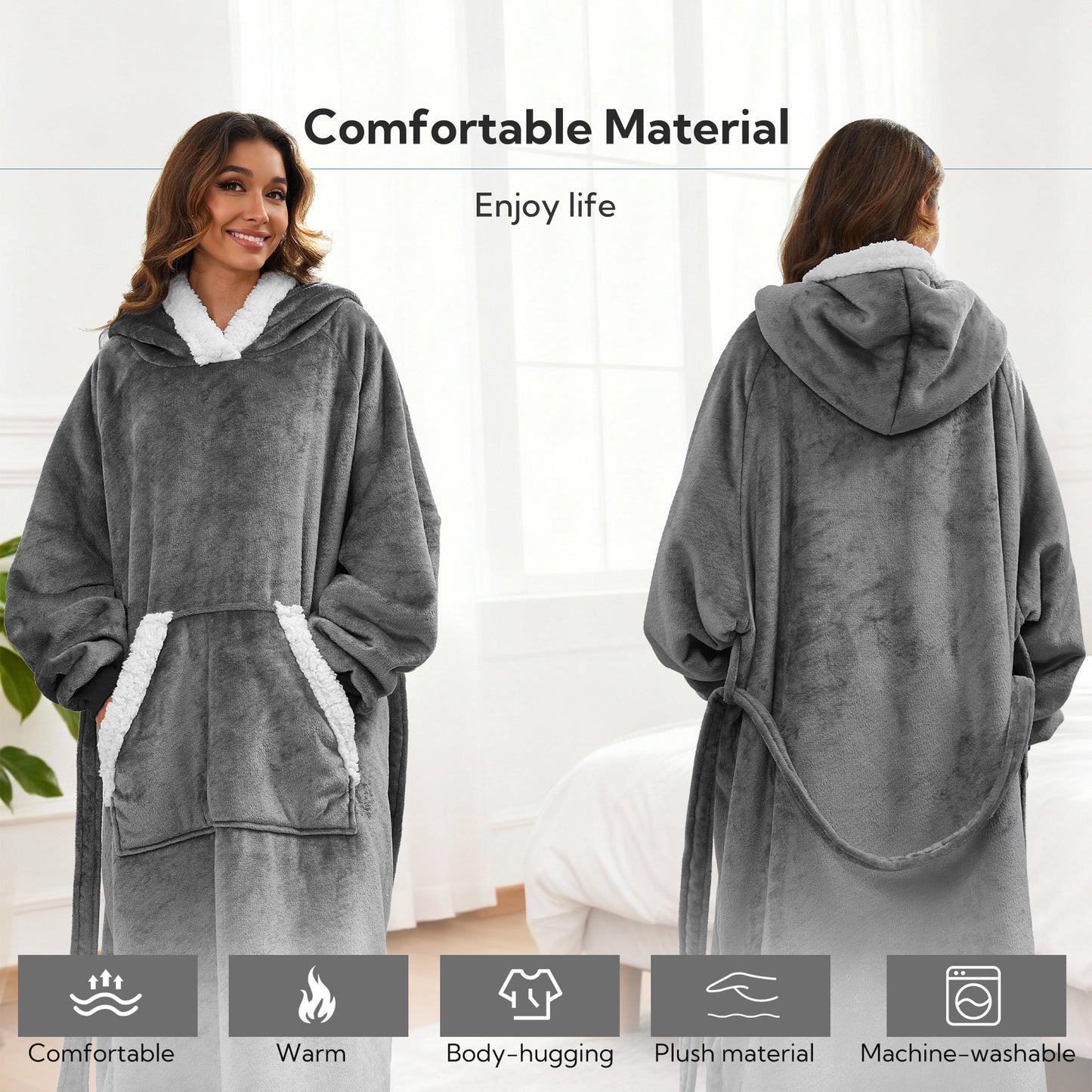 SUNNY HEAT Wearable Blanket with Sleeves, Light Grey, Standard Size - Warm Cozy for Bed Sofa Trave