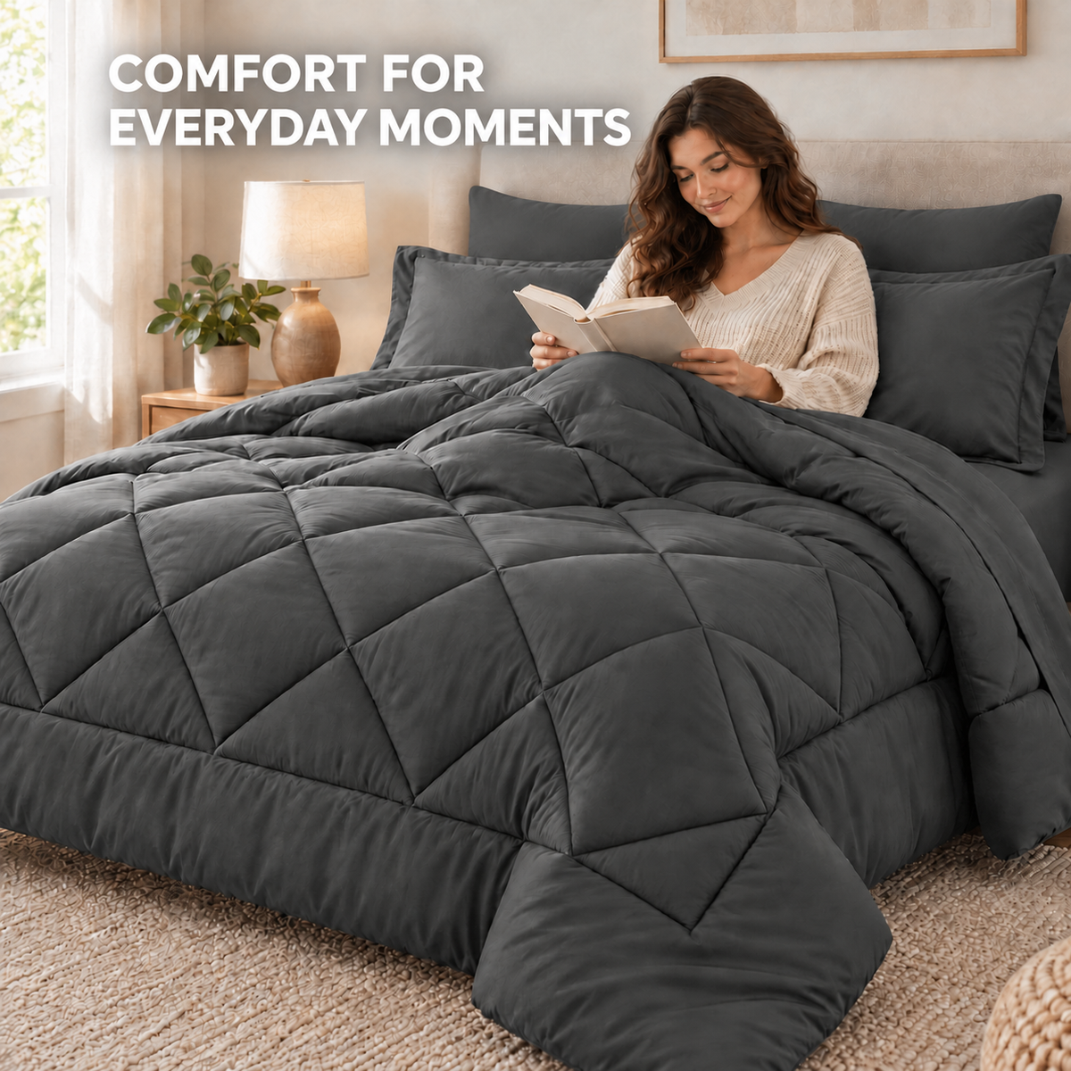 SUNNY HEAT Queen Comforter Set 7 Piece Bed in a Bag, Soft All Season Bedding Set with Comforter, Flat Sheet, Fitted Sheet, Pillowcases and Shams, Machine Washable, Dark Grey