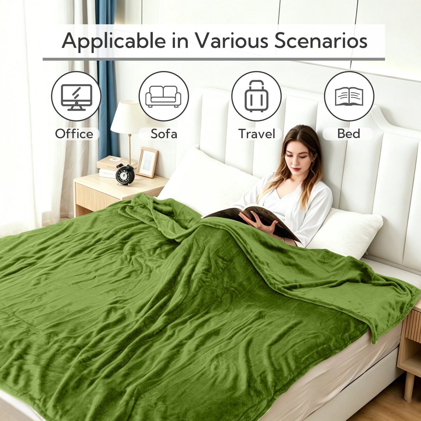 SUNNY HEAT Electric Heated Blanket Queen Size 84" x 90" Soft Flannel with 5 Levels Heating & 10Hs Auto off, Dual Controllers, Dual Zone Temperature Control, Light Grass Green