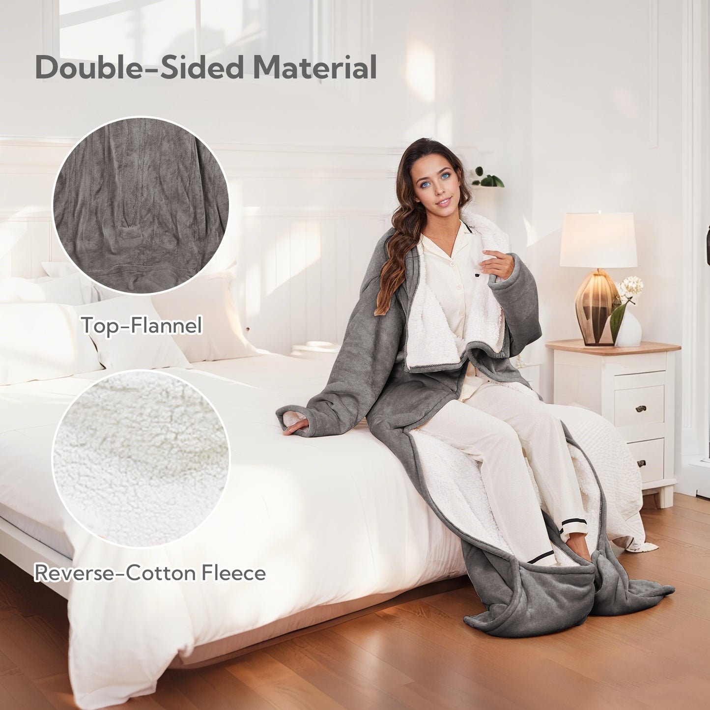 SUNNY HEAT Wearable Electric Heated Blanket 50"x70" , Soft Flanne & Cotton Fleecel,Warm and Cozy, Bed, Sofa,Travel Use,light grey