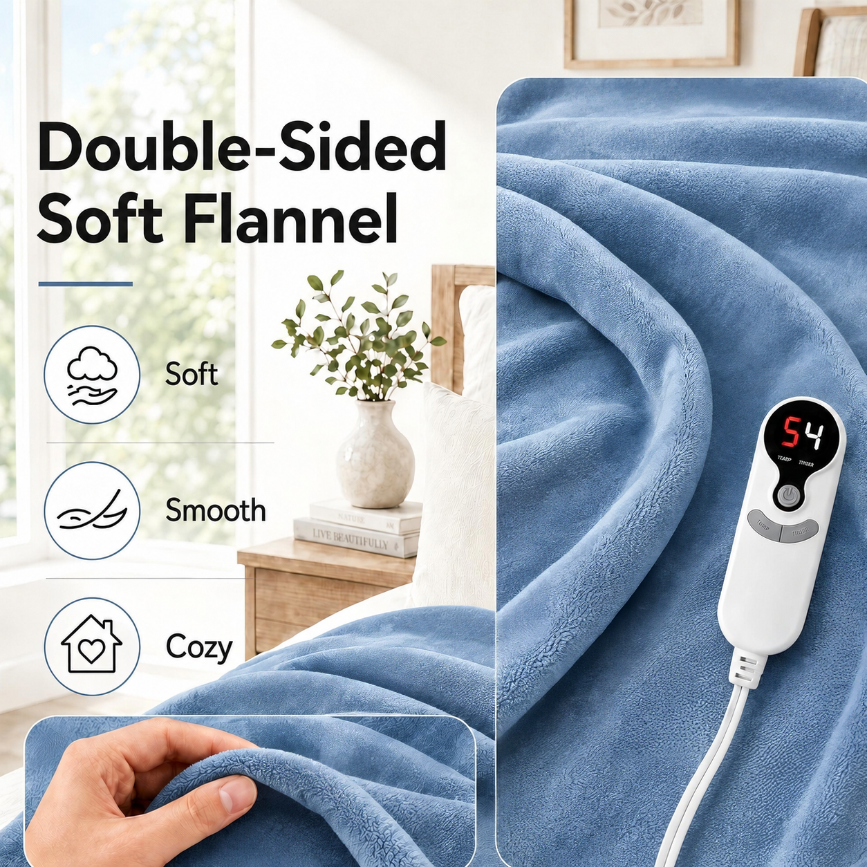 SUNNY HEAT Electric Blanket Heated Twin 62" x 84" -Fast Heating 9 Levels & 10H Auto off, Warm Soft Fannel Machine Washable, for Bed/Couch/Office, Blue Gray